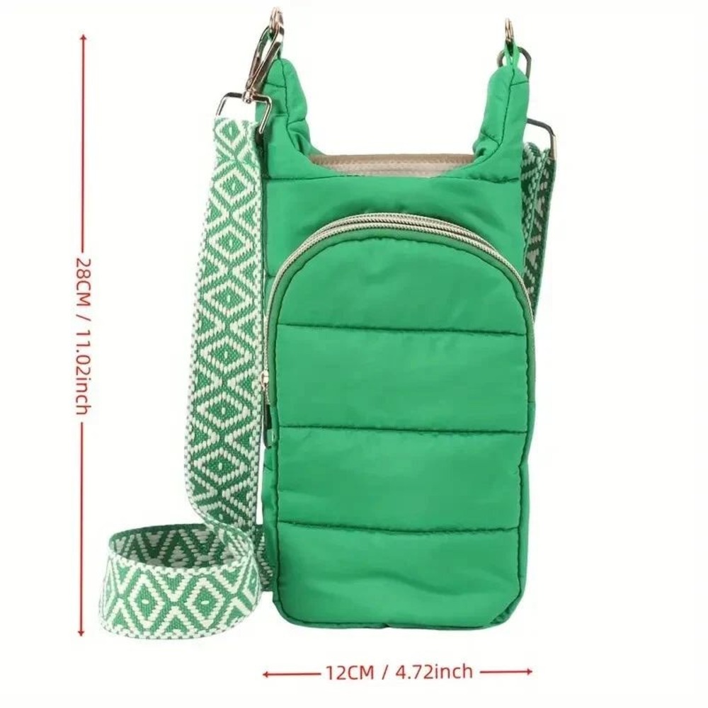 Quilted Puffer Crossbody Bag Green Adjustable Strap Nylon for Water Bottle Phone